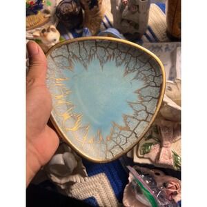 Vintage Dumler Breiden West German Pottery Triangle Dish Blue Gold Sputnik